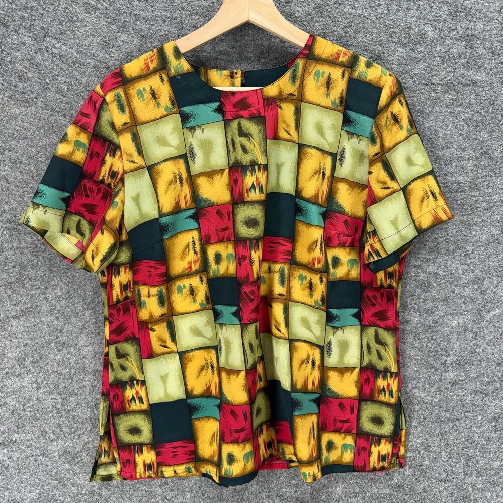 Cathy Che Blouse Women M Medium Yellow Colorblock Short Sleeve Crew Neck Casual